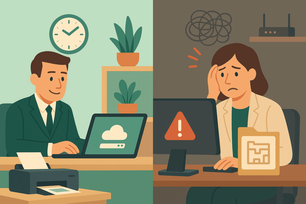 Medewerker met trage laptop tegenover collega in rustige online werkplek, split-screen illustratie