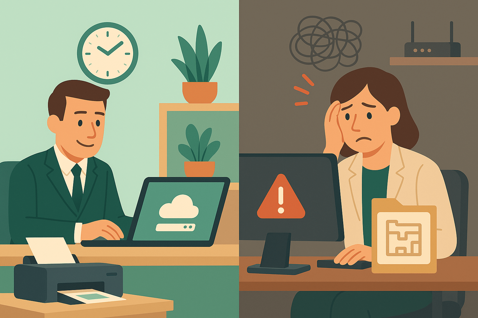 Medewerker met trage laptop tegenover collega in rustige online werkplek, split-screen illustratie