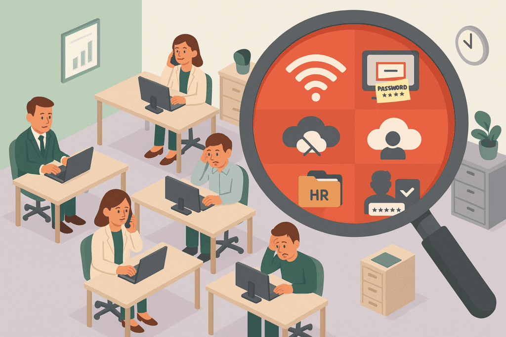 Overzicht van een klein kantoor dat via een IT-scan met vergrootglas veelvoorkomende IT-fouten onthult, zoals onbeveiligde wifi, geen back-up en toegangsproblemen.