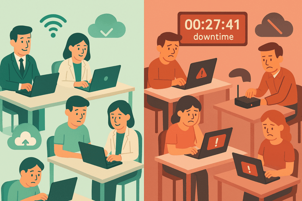 Mkb-kantoor met gesplitst beeld: links functionele IT, rechts downtime met wifi-uitval, foutmeldingen en gefrustreerde medewerkers