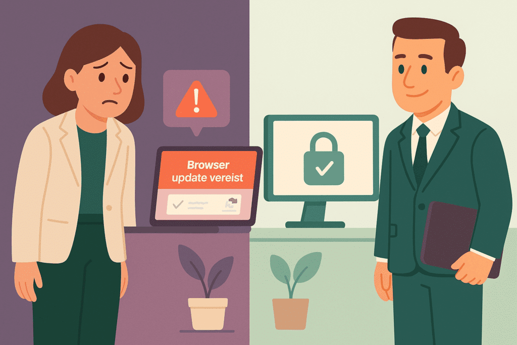 Illustratie van valse browser updates en neppe captcha’s die ransomware verspreiden via pop-ups en gehackte websites.