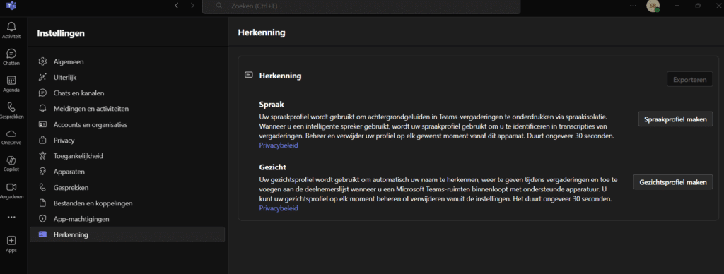 Instellingenmenu in Microsoft Teams waarin stemisolatie wordt geactiveerd voor betere spraakherkenning tijdens vergaderingen.