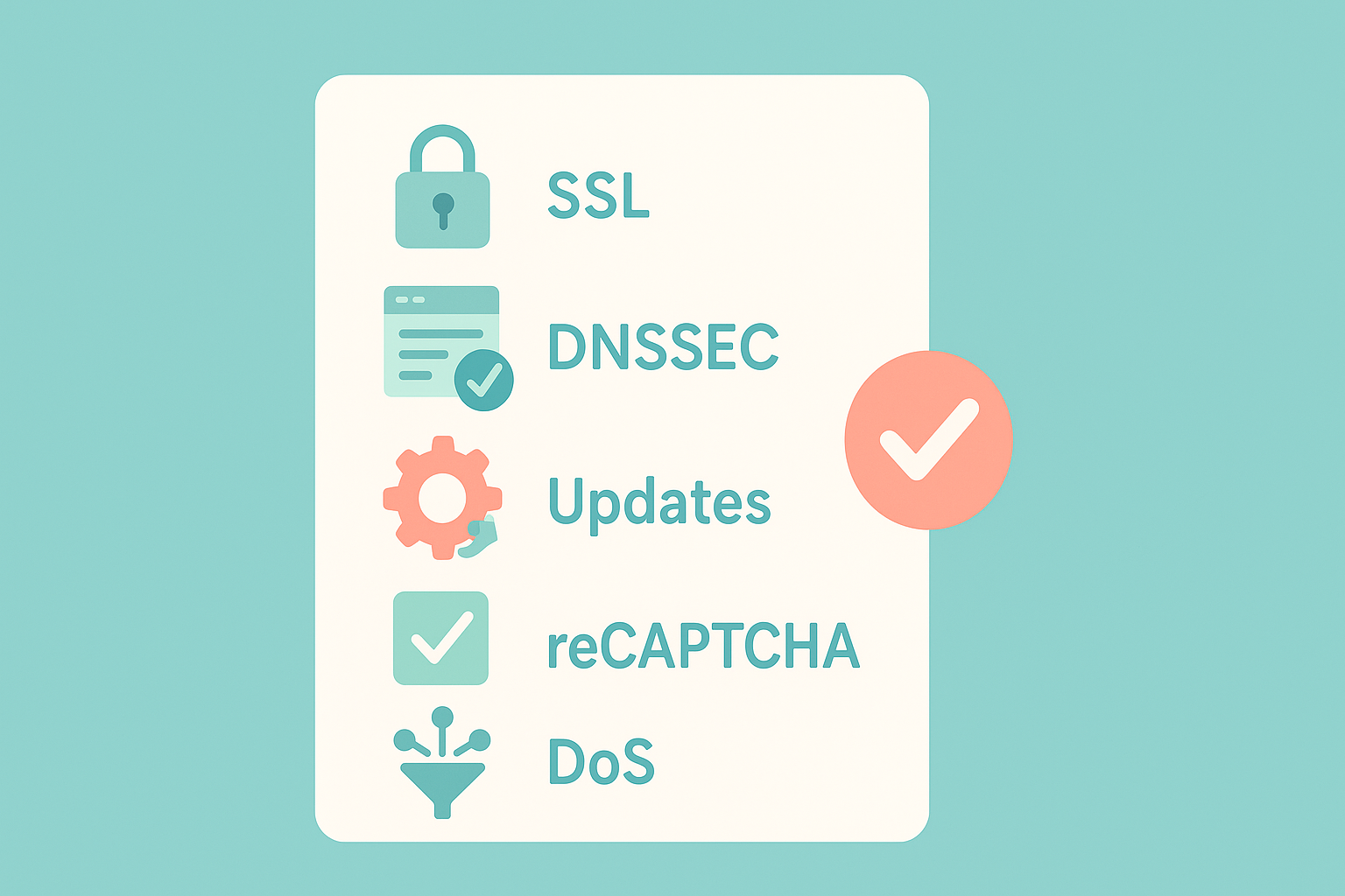 Illustratie met links een veilige website met https slotje schild met check DNSSEC handteken updatepijl en reCAPTCHA en rechts veelvoorkomende risico’s zoals phishing malware bots en DoS.