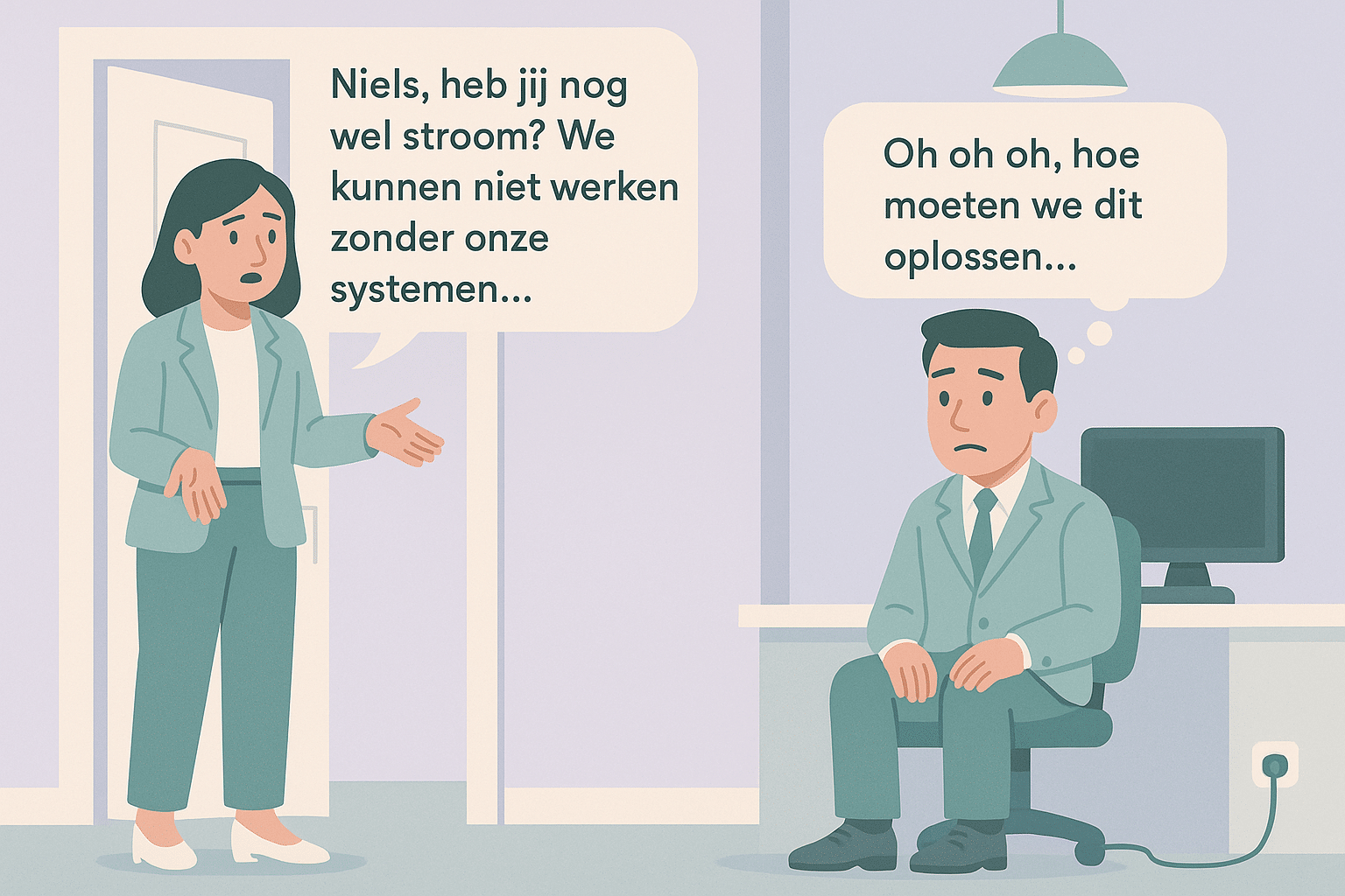 Medewerker van een MKB-kantoor die door een stroomstoring niet kan werken terwijl een collega op een laptop via een online werkplek weer toegang krijgt tot bestanden.